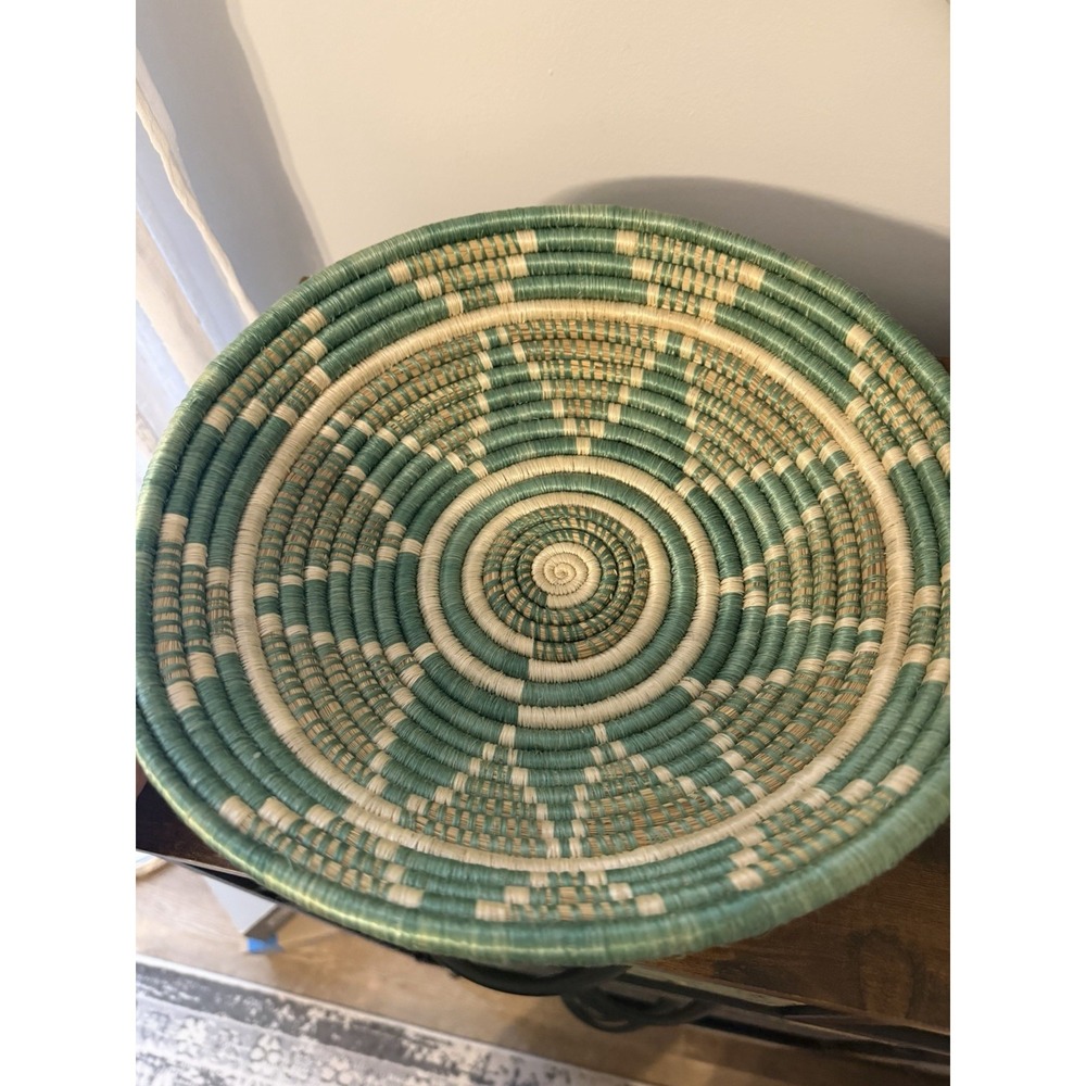 Handwoven African Basket Bowl Green Natural Fiber Coiled Wall Decor 12"